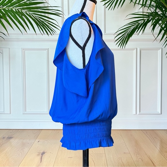 Ramy Brook Keegan Blue Ruffle Sleeve Smocked Waist Blouse Top Size M NWT - Picture 4 of 10